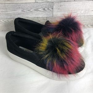 Steve Madden Great Women's Slip On Sneaker  Rainbow Pom Pom - Black - Size 6M